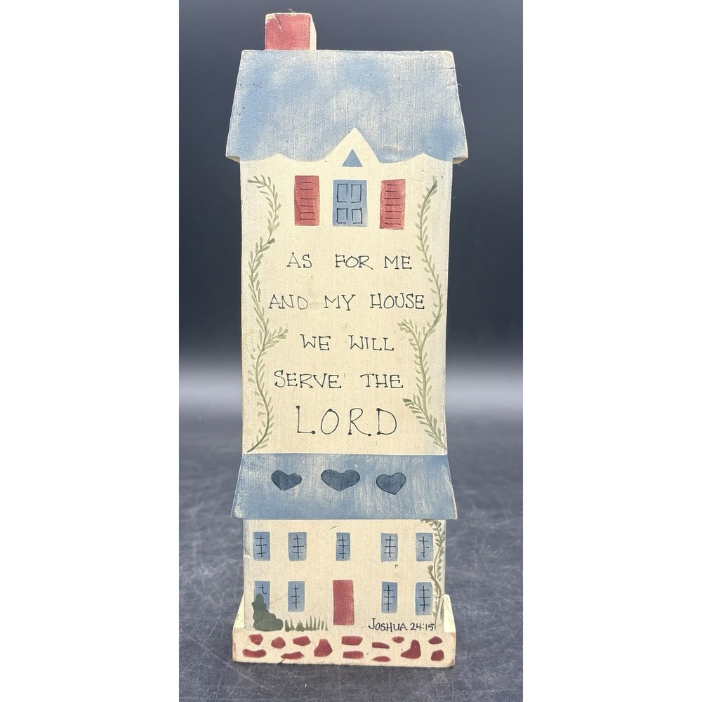 Cottagecore Christian Hand painted Wood Block House Joshua 24:15 Shelf Sitter
